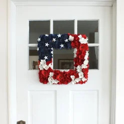 Patriotic Wreath-National Tree Company Artificial Patriotic Hanging Square Wreath Wooden Base Decorated With Red White And Blue Flowers Stars 4Th Of July Collection 22 Inches