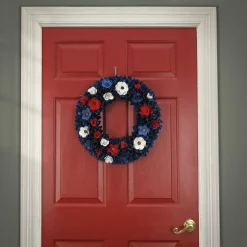 Patriotic Wreath-National Tree Company Artificial Patriotic Wreath Decoration, Blue, Decorated With Red, White And Blue Flower Blooms, Blue Petals, Fourth Of July Collection, 20 Inches