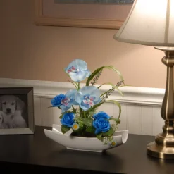 Potted Flower Plants-National Tree Company Artificial Potted Flowers, White Orchid, Decorated With Blue Roses, Leafy Greens, Includes White Base, Spring Collection, 15 Inches
