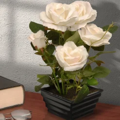 Potted Flower Plants-National Tree Company Artificial Potted Flowers, White Roses, Includes Black Base, Spring Collection, 11 Inches