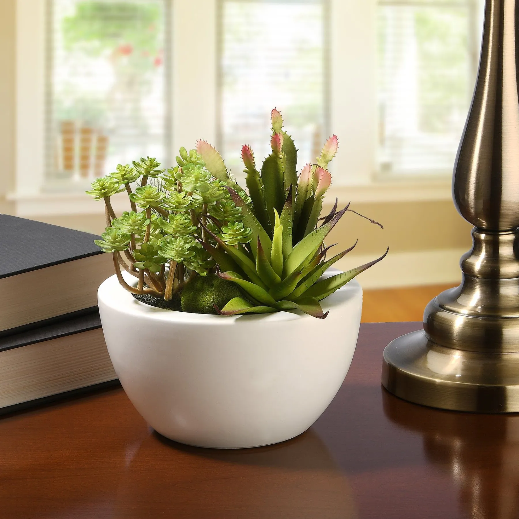 Potted Plants-National Tree Company Artificial Potted Plant, Decorated With Various Green Succulents, Includes Stylish White Ceramic Base, Spring Collection, 8 Inches
