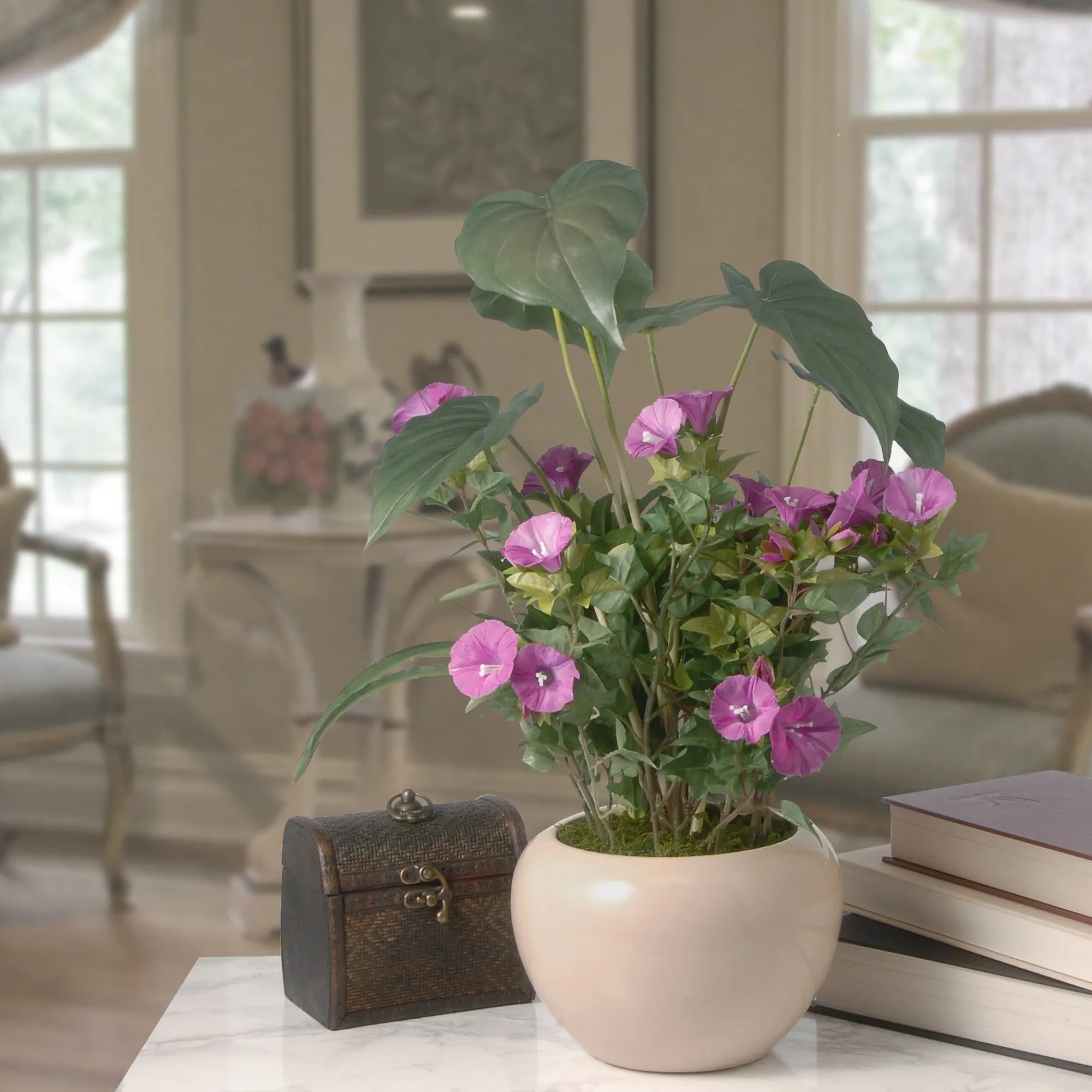 Potted Flower Plants-National Tree Company Artificial Potted Plant, Decorated With Purple Flower Blooms, Flowing Stems, Includes Cream Ceramic Pot Base, Spring Collection, 18 Inches
