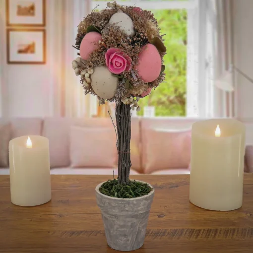 Easter Table Decor-National Tree Company Artificial Potted Plant, Decorated With Pastel Eggs, Berry Clusters, Leafy Greens, Includes Distressed Gray Pot, Easter Collection, 14 Inches