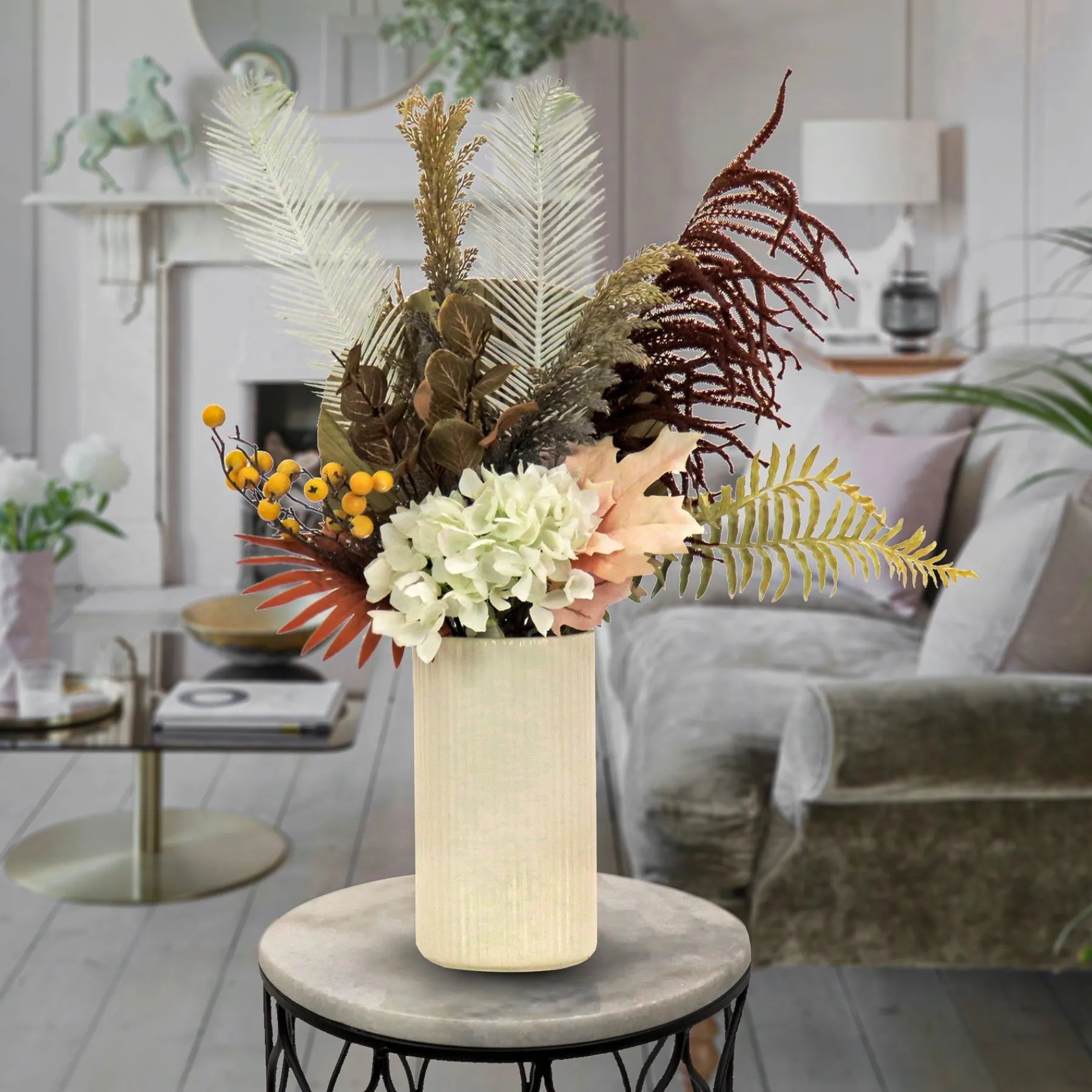 Potted Flower Plants-National Tree Company Artificial Potted Plant Table Decoration, Black, Decorated With Fern Branches, Hydrangea Blooms, Spring Collection, 31 Inches