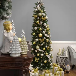 Slim-National Tree Company Artificial Pre-Lit Medium Christmas Tree, Green, Kingswood Fir, Dual Color Led Lights, Includes Stand, 7.5 Feet
