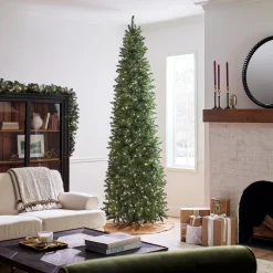 Clear-National Tree Company Artificial Pre-Lit Slim Christmas Tree, Green, Kingswood Fir, White Lights, Includes Stand, 10 Feet
