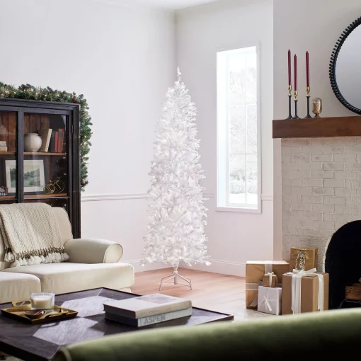 7Ft - 9Ft-National Tree Company Artificial Pre-Lit Slim Christmas Tree, White, Kingswood Fir, White Lights, Includes Stand, 7 Feet