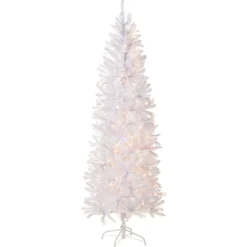 Slim-National Tree Company Artificial Pre-Lit Slim Christmas Tree, White, Kingswood Fir, White Lights, Includes Stand, 7 Feet