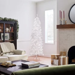 Slim-National Tree Company Artificial Pre-Lit Slim Christmas Tree, White, Kingswood Fir, White Lights, Includes Stand, 7 Feet