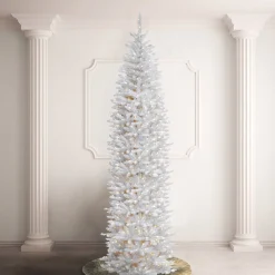 Slim-National Tree Company Artificial Pre-Lit Slim Christmas Tree, White, Kingswood Fir, White Lights, Includes Stand, 12 Feet