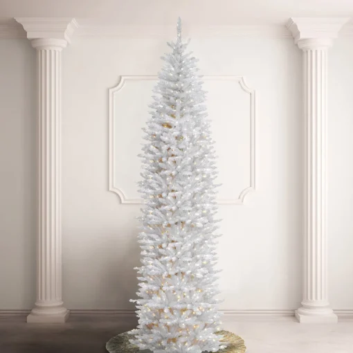 Slim-National Tree Company Artificial Pre-Lit Slim Christmas Tree, White, Kingswood Fir, White Lights, Includes Stand, 12 Feet