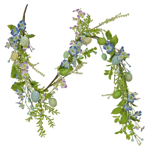 Easter Garland-National Tree Company Artificial Spring Garland, Vine Stem Base, Decorated With Pastel Eggs, Blue Flowers, Berries, Easter Collection, 60 Inches