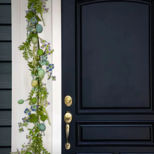 Easter Garland-National Tree Company Artificial Spring Garland, Vine Stem Base, Decorated With Pastel Eggs, Blue Flowers, Berries, Easter Collection, 60 Inches