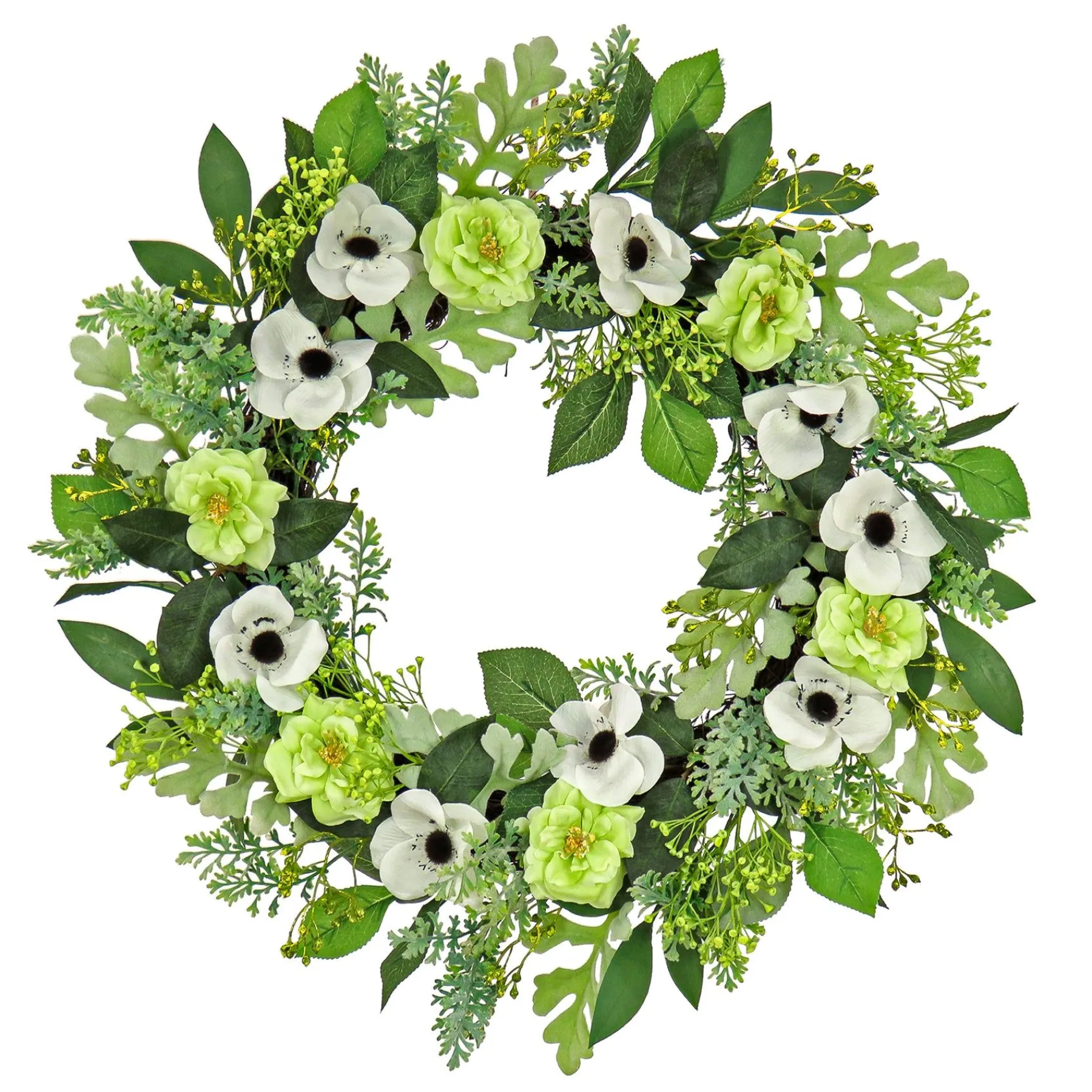 Flower Wreaths-National Tree Company Artificial Spring Wreath, Woven Branch Base, Decorated With Rose And Anemone Flower Blooms, Leafy Greens, Spring Collection, 24 Inches