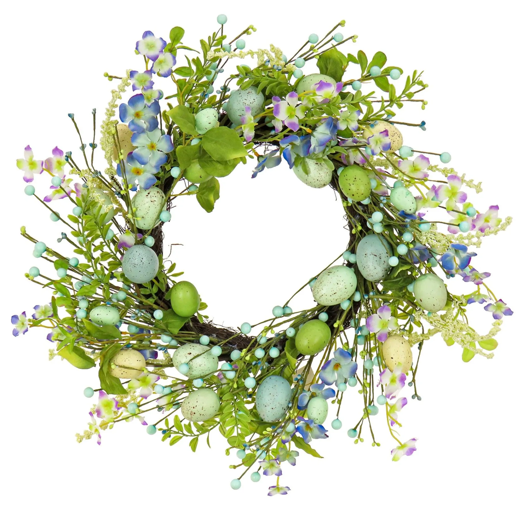 Easter Wreath-National Tree Company Artificial Spring Wreath, Woven Branch Base, Decorated With Blue Flower Blooms, Pastel Eggs, Berries, Easter Collection, 20 Inches