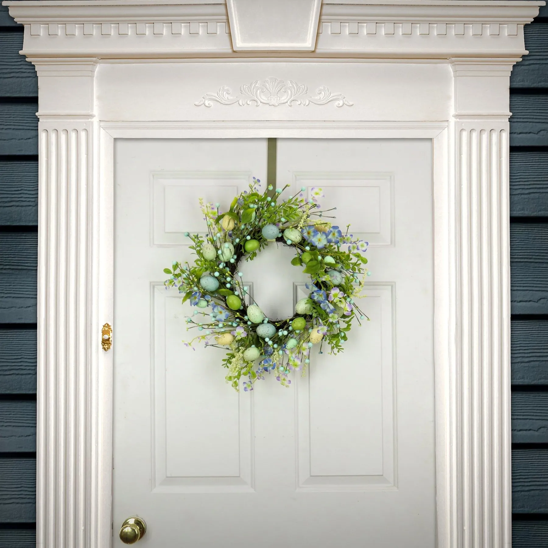 Easter Wreath-National Tree Company Artificial Spring Wreath, Woven Branch Base, Decorated With Blue Flower Blooms, Pastel Eggs, Berries, Easter Collection, 20 Inches