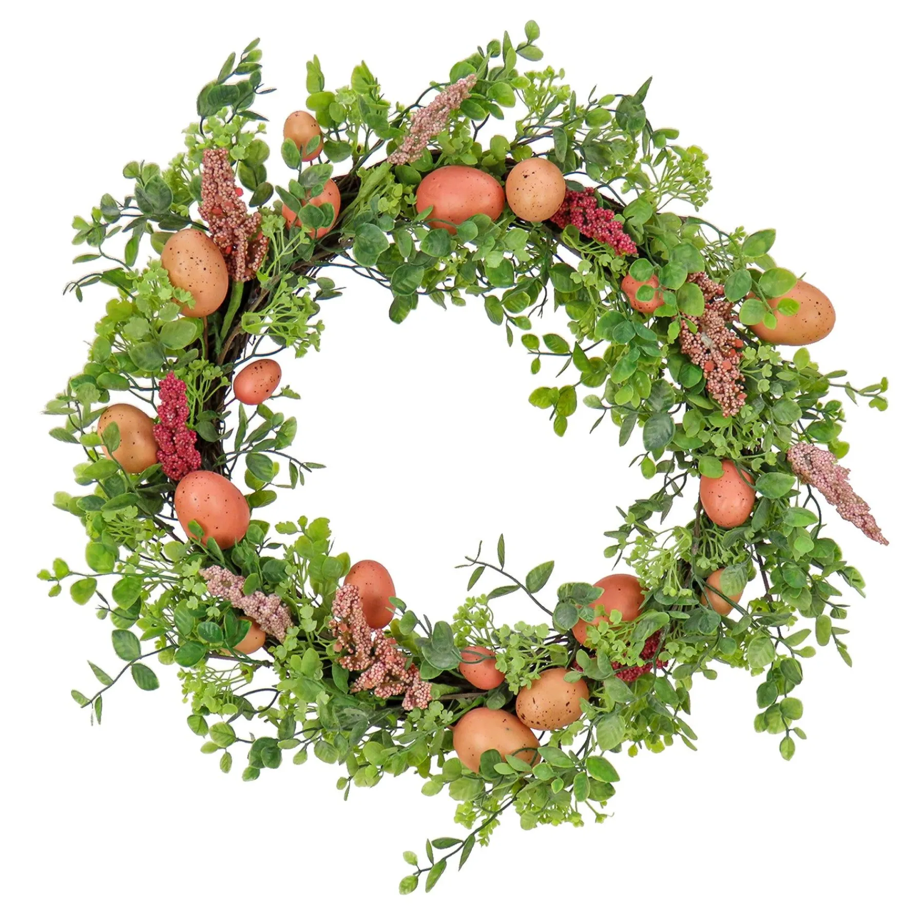 Easter Wreath-National Tree Company Artificial Spring Wreath, Woven Branch Base, Decorated With Pink Pastel Eggs, Pink Flowers, Leafy Greens, Easter Collection, 22 Inches