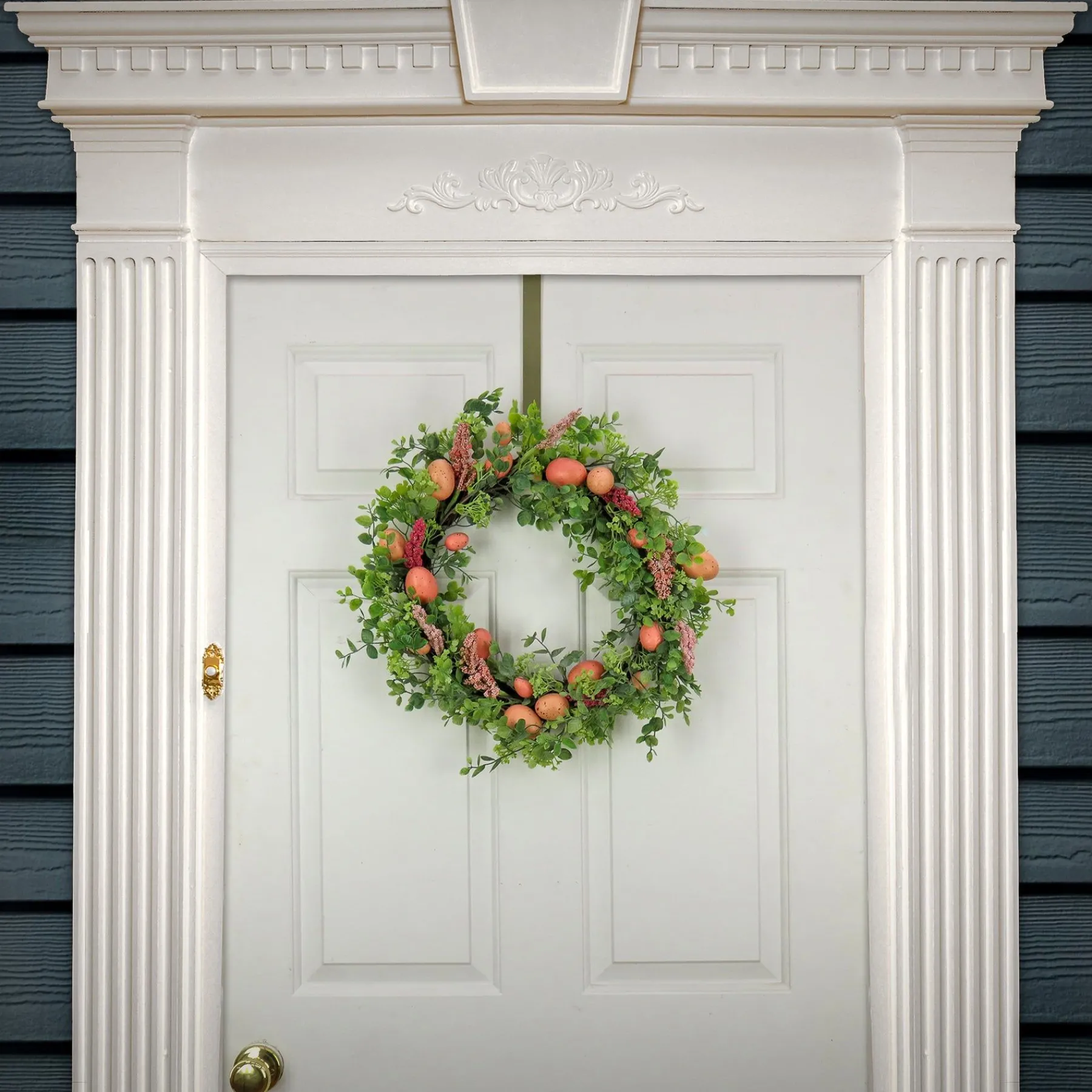 Easter Wreath-National Tree Company Artificial Spring Wreath, Woven Branch Base, Decorated With Pink Pastel Eggs, Pink Flowers, Leafy Greens, Easter Collection, 22 Inches