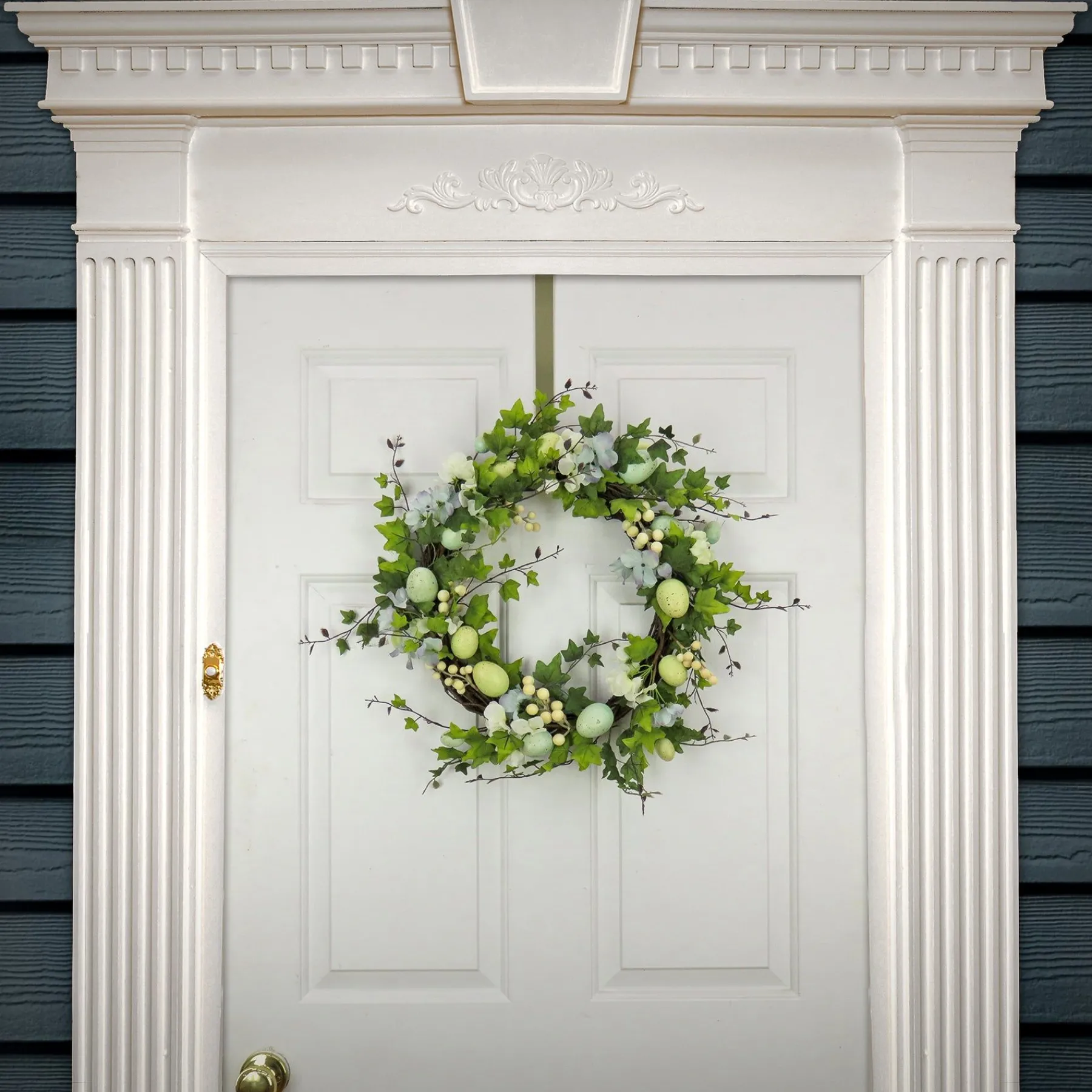 Easter Wreath-National Tree Company Artificial Spring Wreath, Woven Branch Base, Decorated With Pastel Eggs, Blue Flowers, Ivy, Leafy Greens, Easter Collection, 22 Inches
