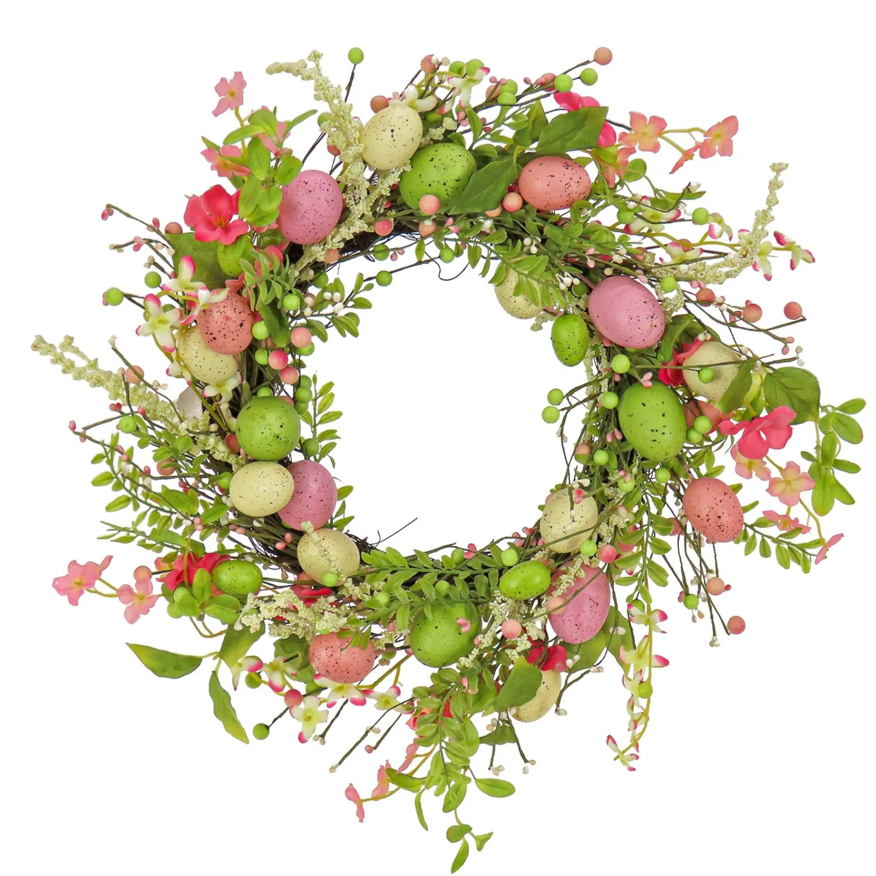 Easter Wreath-National Tree Company Artificial Spring Wreath, Woven Branch Base, Decorated With Pink Flower Blooms, Pastel Eggs, Berries, Easter Collection, 20 Inches