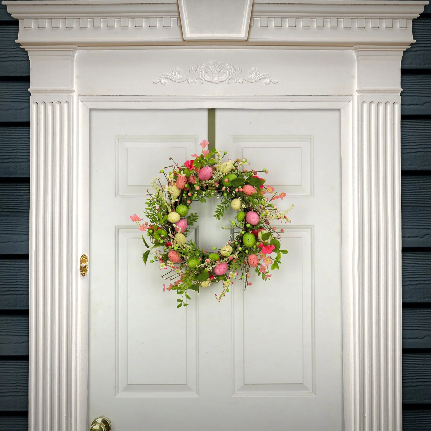 Easter Wreath-National Tree Company Artificial Spring Wreath, Woven Branch Base, Decorated With Pink Flower Blooms, Pastel Eggs, Berries, Easter Collection, 20 Inches
