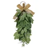 Greenery Wreaths-National Tree Company Artificial Teardrop Wall Hanging Decoration, Green, Woven Branch Base, Decorated With Eucalyptus Leaves, Magnolia Blooms, Flowing Green Stems, Spring Collection, 26 Inches