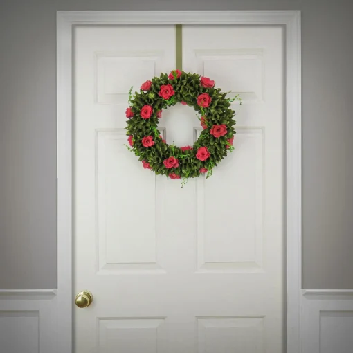 Flower Wreaths-National Tree Company Artificial Wreath Decoration, Pink, Lightweight Foam Base, Decorated With Green Assorted Flower Blooms, Seed Pods, Flowing Green Stems, Spring Collection, 18 Inches