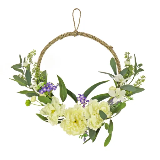Flower Wreaths-National Tree Company Artificial Wreath Decoration, Cream, Woven Hoop Ring Base, Decorated With Peony Flower Blooms, Mini Blossoms, Seed Pods, Flowing Green Stems, Spring Collection, 18 Inches