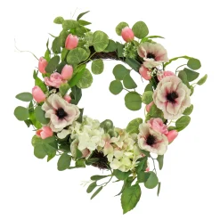 Flower Wreaths-National Tree Company Artificial Wreath Decoration, Pink, Woven Branch Base, Decorated With Hydrangea And Tulip Blooms, Eucalyptus Leaves, Flowing Green Stems, Spring Collection, 22 Inches