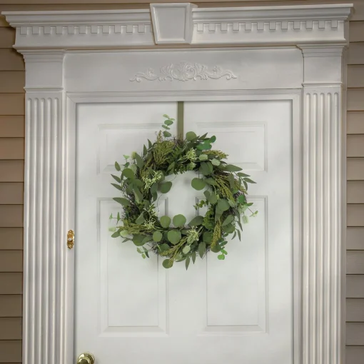 Greenery Wreaths-National Tree Company Artificial Wreath Decoration, Green, Woven Branch Base, Decorated With Eucalyptus Leaves, Baby'S Breath, Flowing Green Stems, Spring Collection, 22 Inches
