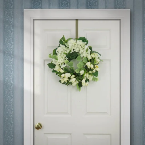 Flower Wreaths-National Tree Company Artificial Wreath Decoration, Cream, Woven Branch Base, Decorated With Tulip And Buttercup Blooms, Seed Pods, Flowing Green Stems, Spring Collection, 22 Inches