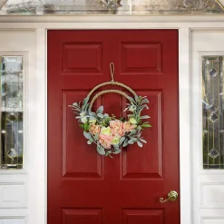Flower Wreaths-National Tree Company Artificial Wreath Decoration, Pink, Woven Hoop Ring Base, Decorated With Peony, Rose And Lamb'S Ear Flower Blooms, Seed Pods, Flowing Green Stems, Spring Collection, 18 Inches