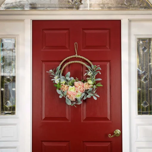 Flower Wreaths-National Tree Company Artificial Wreath Decoration, Pink, Woven Hoop Ring Base, Decorated With Peony, Rose And Lamb'S Ear Flower Blooms, Seed Pods, Flowing Green Stems, Spring Collection, 18 Inches