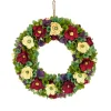 Flower Wreaths-National Tree Company Artificial Wreath Decoration, Red, Lightweight Foam Base, Decorated With Red And Cream Assorted Wood Cut Flowers, Flowing Green Leaves, Spring Collection, 18 Inches