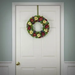 Flower Wreaths-National Tree Company Artificial Wreath Decoration, Red, Lightweight Foam Base, Decorated With Red And Cream Assorted Wood Cut Flowers, Flowing Green Leaves, Spring Collection, 18 Inches