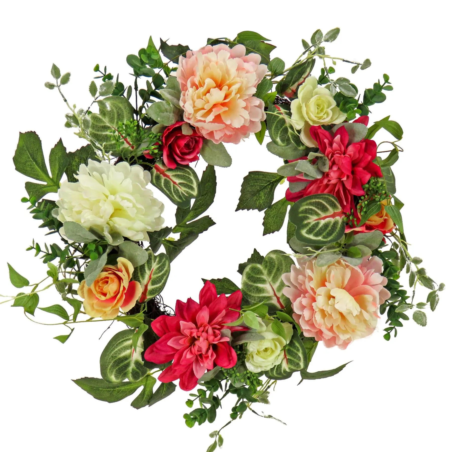 Flower Wreaths-National Tree Company Artificial Wreath Decoration, Pink, Woven Branch Base, Decorated With Mixed Flower Blooms, Flowing Green Stems, Spring Collection, 22 Inches