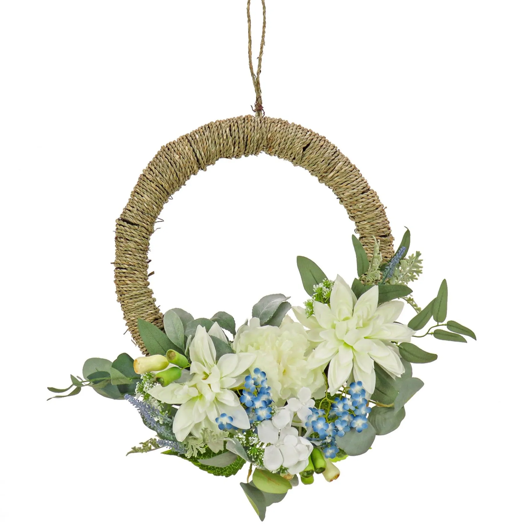 Flower Wreaths-National Tree Company Artificial Wreath Decoration, Blue, Woven Hoop Ring Base, Decorated With Dahlia, Peony And Hydrangea Blooms, Seed Pods, Flowing Green Stems, Spring Collection, 20 Inches