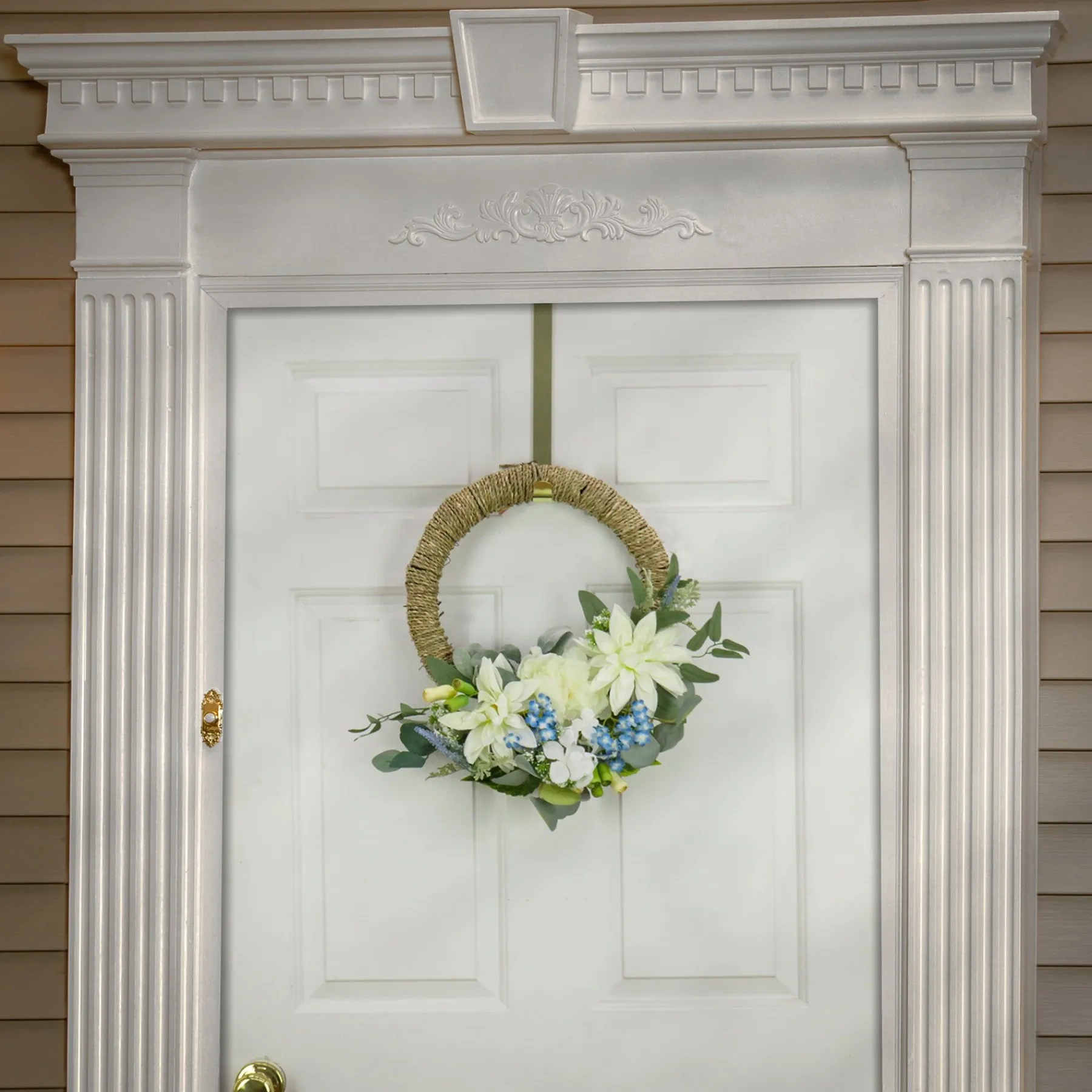 Flower Wreaths-National Tree Company Artificial Wreath Decoration, Blue, Woven Hoop Ring Base, Decorated With Dahlia, Peony And Hydrangea Blooms, Seed Pods, Flowing Green Stems, Spring Collection, 20 Inches