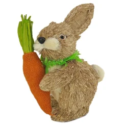 Easter Table Decor-National Tree Company Bunny With Carrot Table Decoration, Natural Wood Fibers On Foam Base, Decorated With Checkered Green Bow, Easter Collection, 12 Inches
