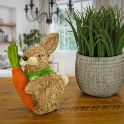 Easter Table Decor-National Tree Company Bunny With Carrot Table Decoration, Natural Wood Fibers On Foam Base, Decorated With Checkered Green Bow, Easter Collection, 12 Inches
