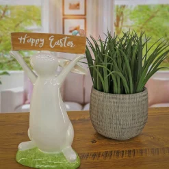 Easter Table Decor-National Tree Company Easter Bunny With Sign Table Decoration, White, Easter Collection, 11 Inches