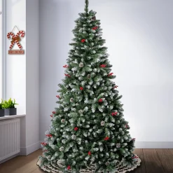Slim-National Tree Company First Frosted Traditions Christmas Tree With Hinged Branches, Pinecones And Red Berries, 7.5 Ft
