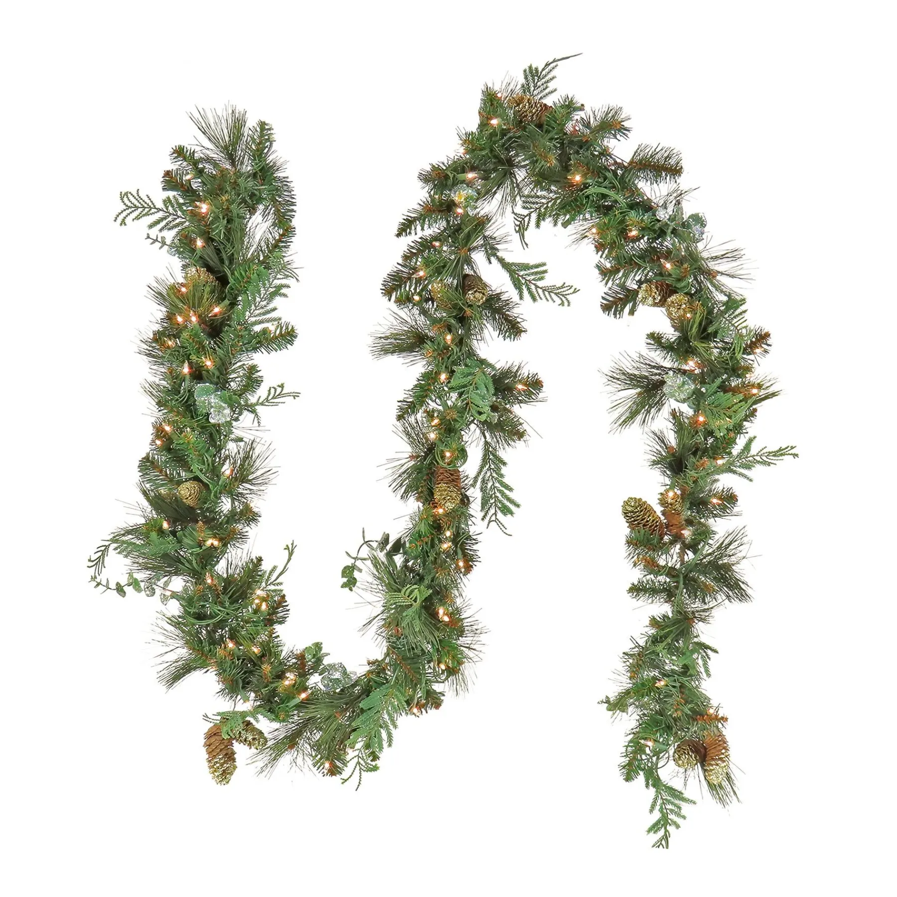 7' To 10' Garland-National Tree Company First Traditions Collection, 9 Ft Pre-Lit Artificial North Conway Garland With Glittery Cones And Eucalyptus, 100 Clear Lights