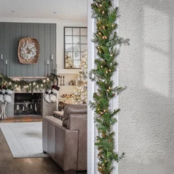 7' To 10' Garland-National Tree Company First Traditions Collection, 9 Ft Pre-Lit Artificial North Conway Garland With Glittery Cones And Eucalyptus, 100 Clear Lights