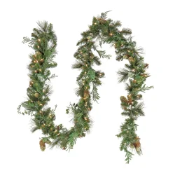 7' To 10' Garland-National Tree Company First Traditions Collection, 9 Ft Pre-Lit Artificial North Conway Garland With Glittery Cones And Eucalyptus, 100 Warm White Led Lights- Battery Operated With Timer