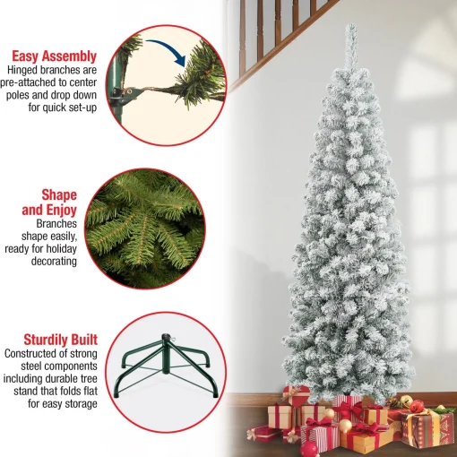 Slim-National Tree Company First Traditions Collection Artificial Christmas Tree, Acacia, Pencil Slim, Flocked, Includes Stand, 6 Feet