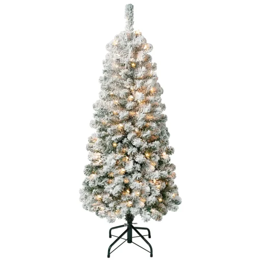 Slim-National Tree Company First Traditions Pre-Lit Acacia Flocked Tree Medium Christmas Tree, Clear Incandescent Lights, Plug In, 4.5 Ft