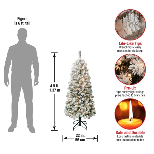 Slim-National Tree Company First Traditions Pre-Lit Acacia Flocked Tree Medium Christmas Tree, Clear Incandescent Lights, Plug In, 4.5 Ft