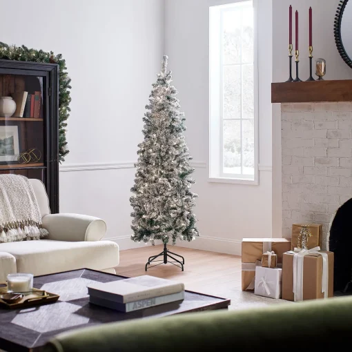 Slim-National Tree Company First Traditions Pre-Lit Acacia Flocked Tree Medium Christmas Tree, Clear Incandescent Lights, Plug In, 6 Ft