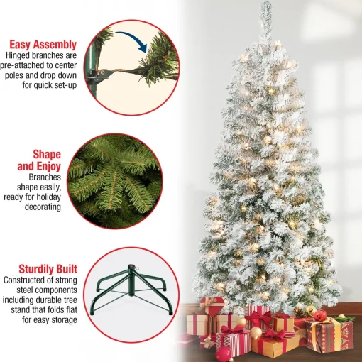 Slim-National Tree Company First Traditions Pre-Lit Acacia Flocked Tree Medium Christmas Tree, Clear Incandescent Lights, Plug In, 6 Ft